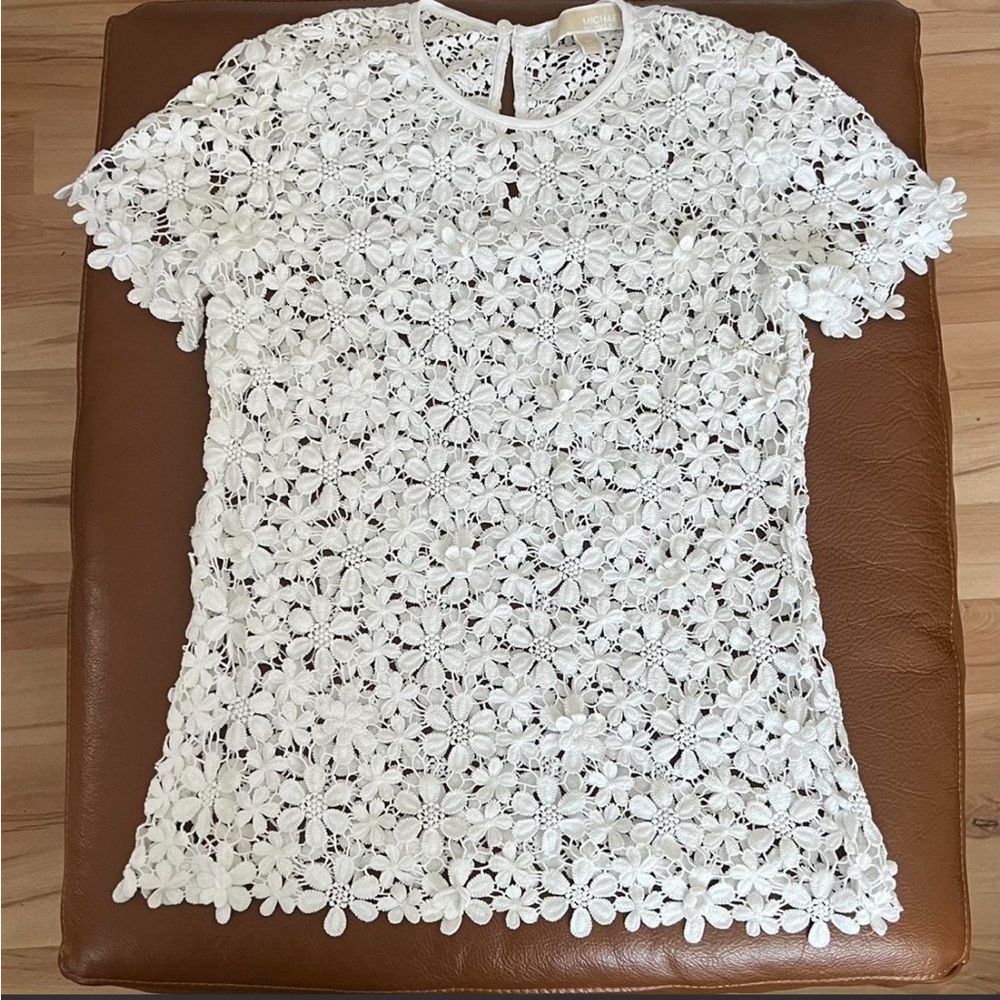 Michael Kors White Floral Crochet Short-Sleeve Top